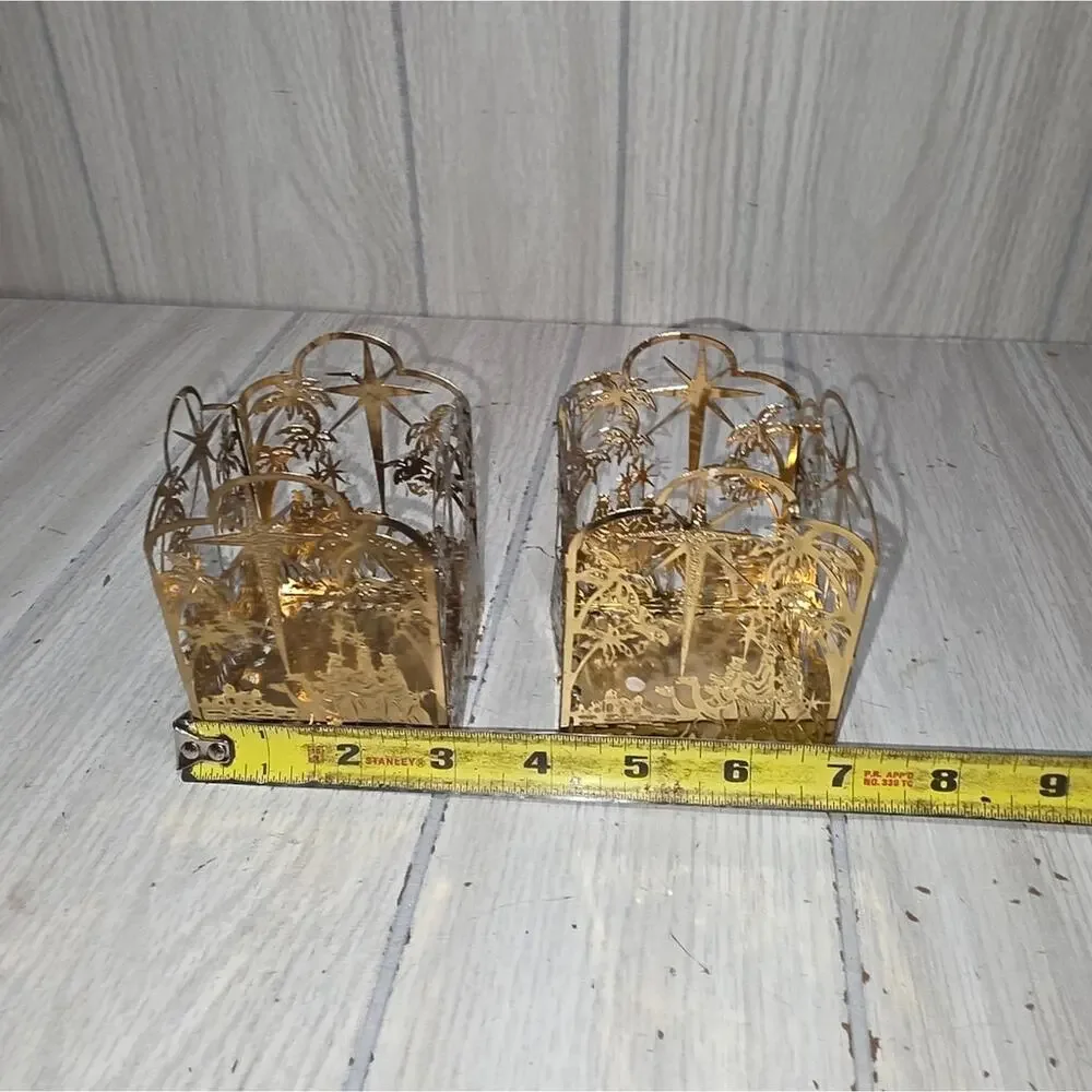 Vtg Brass Plated Nativity Candle Holder Set Of 2 MCM Holiday Religious Regency